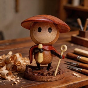 May include: A handcrafted wooden figurine of a character with a large hat and cape. The figure is made of various wood tones, with a reddish-brown hat and cape. It holds a staff and a small object. The base is intricately carved.