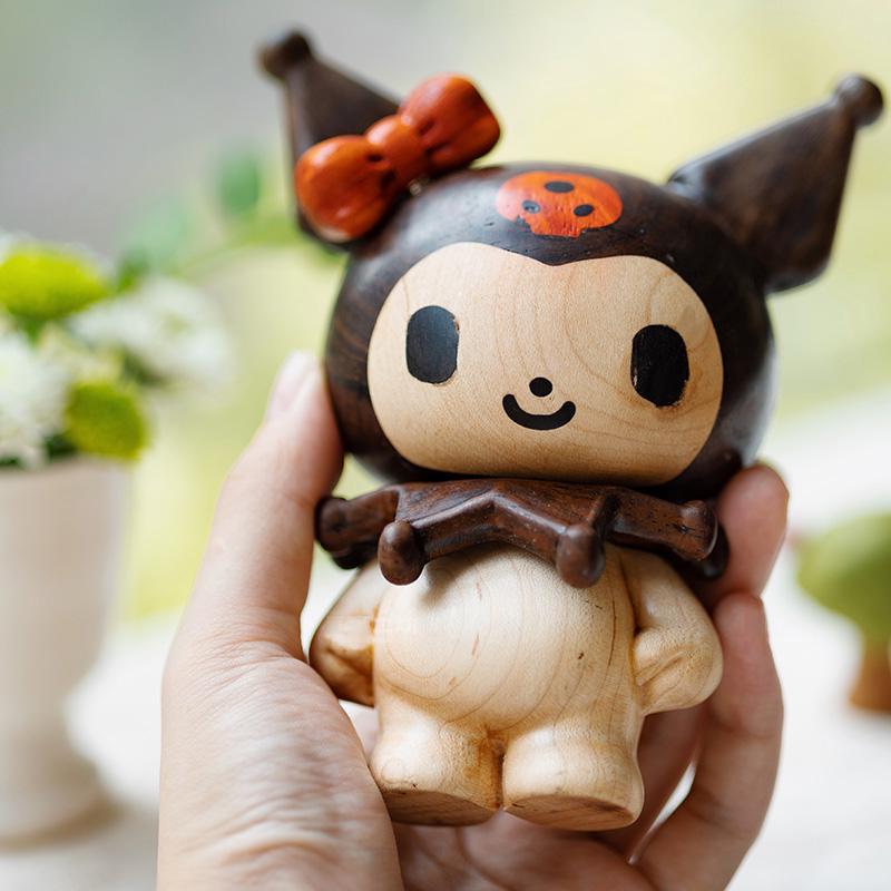Handmade Walnut & Beech Wood Kuromi Figurine, Wood Carved Sanrio
