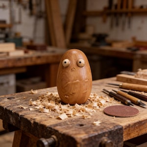 May include: A smooth, egg-shaped wooden figurine carved from light brown wood with visible grain. The figurine features two round, light-coloured wooden eyes with dark pupils and a small, carved mouth, standing upright on a textured wooden surface.