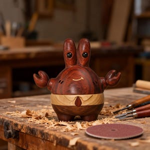 Pode incluir: Uma estatueta de madeira feita à mão em forma de caranguejo, com a parte superior castanho-avermelhada escura e a parte inferior bege mais clara. A figura apresenta dois pedúnculos oculares com olhos pretos, duas pequenas pinças e um sorriso.