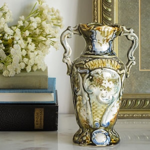 Antique Staffordshire Alhambrian Style Majolica Vase, Double Handled, Victorian Art Nouveau c. 1890