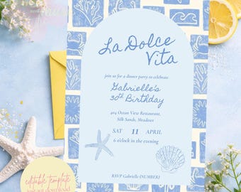 Invito di compleanno La Dolce Vita, invito a tema costa italiana, cena estiva con conchiglie blu, cocktail party mediterraneo, modificabile per qualsiasi età.