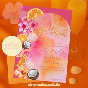 Puede incluir: Una invitación para un brunch con un diseño de acuarela. La invitación presenta el texto "Let's Brunch" y detalles para una celebración de 30 cumpleaños. Los elementos decorativos incluyen rodajas de naranja, conchas marinas y flores tropicales. Un vaso de zumo de naranja está en el fondo.