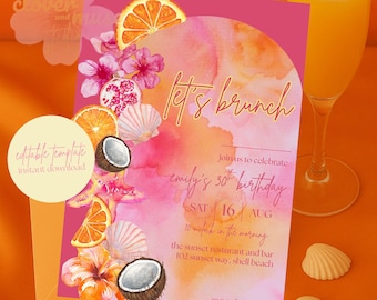 Summer Birthday Invitation, Let's Brunch Invite, Beach Birthday, Sunset Birthday, Editable Adult Birthday Invitation, 30th Birthday Invite
