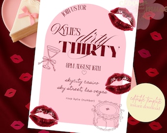 Invito per il trentesimo compleanno, invito per il trentesimo compleanno, cocktail party, invito per il compleanno di un adulto, rosa e rosso, grazioso, modello digitale