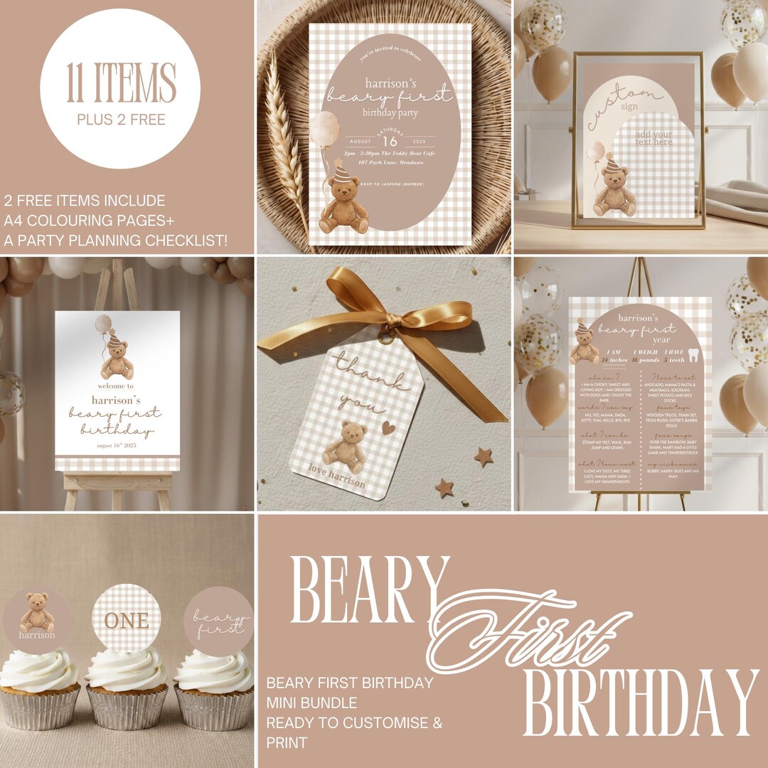 Beary First Birthday Mini Party Bundle, Editable Teddy Bear Invitation ...