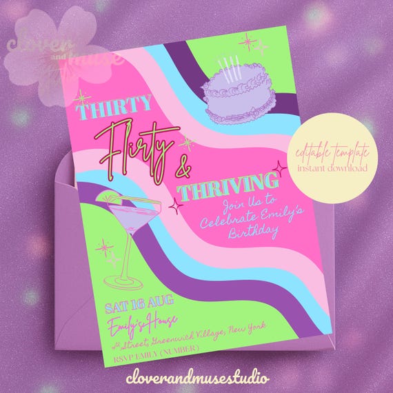 13 Going on 30 Birthday Invite, 30th Birthday Invitation, Thirty Flirty and Thriving, Digital Invite Canva, Thirty Birthday Invite
