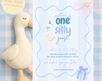 One Silly Goose 1st Birthday Invitation, Blue Silly Goose Birthday Party Invite, First Birthday Boy, Pastel Striped Birthday Editable Invite