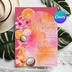 Pu&ograve; includere: Un invito rosa e arancione con la scritta "Let's Brunch" e "emily's 30th birthday". Il design include illustrazioni di arance, conchiglie, noci di cocco e fiori. Il logo Canva &egrave; visibile.