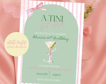Invito di compleanno "Un po' più vecchio", inviti di compleanno Martini, fiocco rosa modificabile, invito di compleanno con download digitale, cocktail party, verde