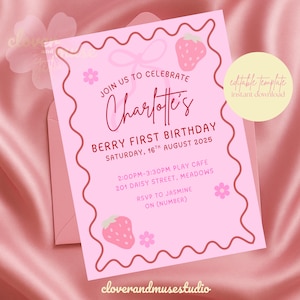 Berry First Birthday Invitation, Editable Girl&#39;s First Birthday Invite, Strawberry First Birthday Invite, Printable Invite