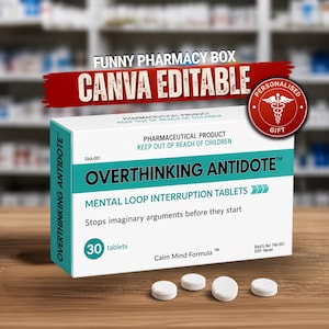 May include: A white rectangular box labeled Overthinking Antidote with teal accents and text reading Mental Loop Interruption Tablets, Stops imaginary arguments before they start, 30 tablets, and Calm Mind Formula. Four white round tablets sit in front.