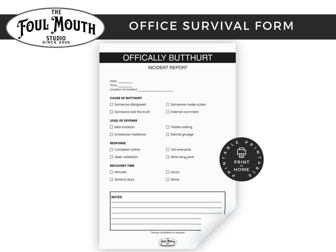 Officially Butthurt Incident Report | Funny Workplace Humor Form (A5 ...