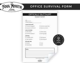 Officieel ongevalsrapport Butthurt | Formulier grappige humor op de werkplek (pdf-download A5)