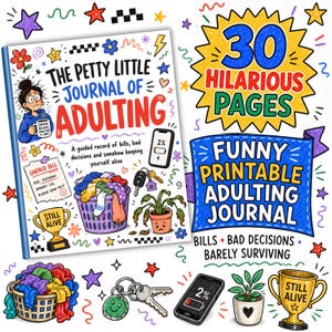Diario divertido para adultos (PDF imprimible), cuaderno de trabajo guiado de 30 páginas con juegos y sugerencias para la organización de la vida.