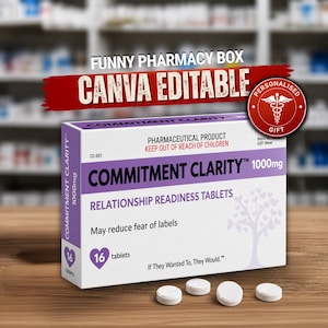 Può includere: Una scatola rettangolare bianca e viola etichettata Commitment Clarity 1000mg Relationship Readiness Tablets con 16 compresse, un grafico a forma di albero a cuore, il testo May reduce fear of labels e quattro compresse bianche rotonde.