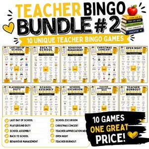 Peut inclure: Un ensemble numérique de 10 jeux de bingo pour enseignants avec des thèmes comme la fin de l'année scolaire et la rentrée. L'image montre une pile de livres, une pomme rouge et le texte Teacher Bingo Bundle #2, 10 Unique Teacher Bingo Games.