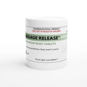May include: A white cylindrical container with a label reading PHARMACEUTICAL PRODUCT KEEP OUT OF REACH OF CHILDREN BAGGAGE RELEASE 1000mg RELATIONSHIP RESET TABLETS for carrying problems that aren't yours and Travel Light. Love Better.