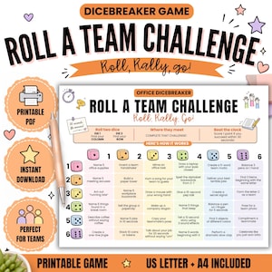 May include: A printable Dicebreaker Game sheet titled Roll A Team Challenge with a grid of numbered rows and columns. The game includes instructions, a 30-second timer icon, and various team-building tasks. The design features pastel colours, icons, and text.