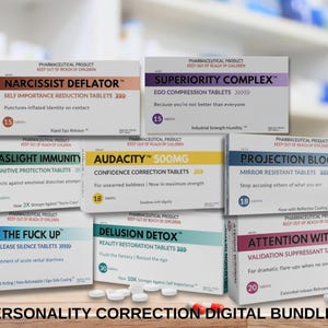 Puede incluir: Una colección de cajas de productos farmacéuticos con nombres humorísticos como "Narcissist Deflator" y "Superiority Complex". Las cajas blancas tienen varios acentos de color y texto, con pastillas delante.