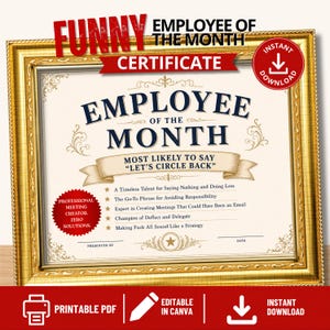 May include: A certificate titled Employee of the Month in a gold frame. The text reads Most Likely to Say Let's Circle Back, with bullet points listing professional meeting creator, zero solutions, and other humorous office-themed phrases.