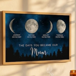 Op de afbeelding: Een ingelijste print met maanfasen tegen een donkerblauwe sterrenhemel. De print bevat namen en geboortedata, met de tekst "THE DAYS YOU BECAME OUR Mum" onderaan. De lijst is lichtbruin.