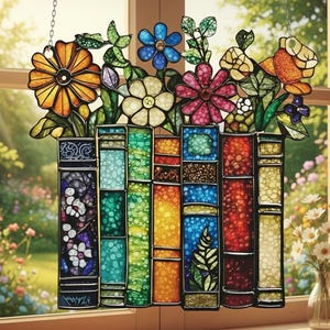 Könnte beinhalten: Buntglas-Fensterdekoration mit Blumen und Büchern. Die Blumen sind in Orange, Blau, Rosa und Gelb gehalten. Die Bücher sind in verschiedenen Farben, darunter Blau, Grün und Rot. Das Fenster hängt vor einem Fenster.