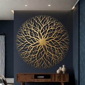 Grote gouden levensboom van metaal, wanddecoratie met ronde wortels, abstracte takkensculptuur, ideaal als housewarmingcadeau, moderne luxe kunst