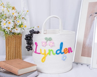 Cesta de cuerda personalizada hecha a mano, nombre tejido personalizado, decoración para habitación de bebé.