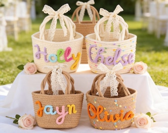 Cesta personalizada para niña de las flores, recuerdo de boda con nombre personalizado, regalo de bautizo, decoración rústica.