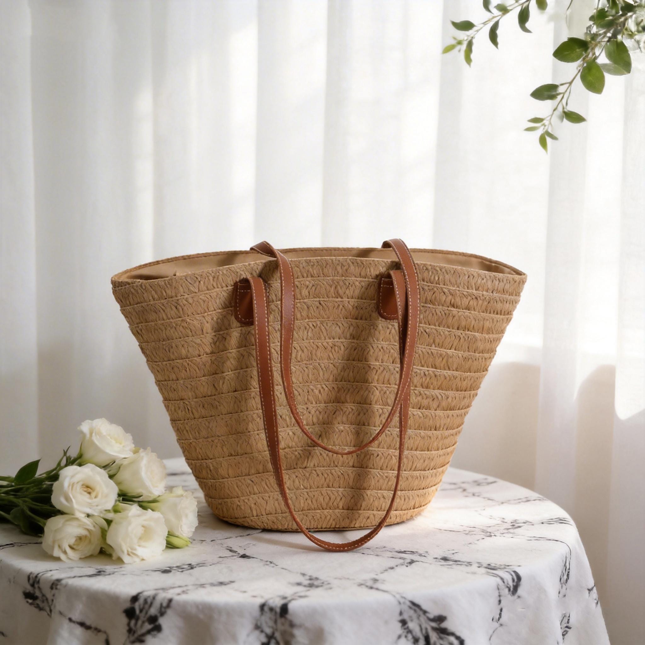 Handwoven Raffia Straw Tote Bag With Leather Handles | Boho Beach ...