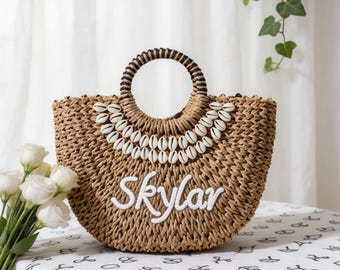 Bolso de paja personalizado con nombre, bolso de playa de verano tejido a mano, regalo personalizado para damas de honor