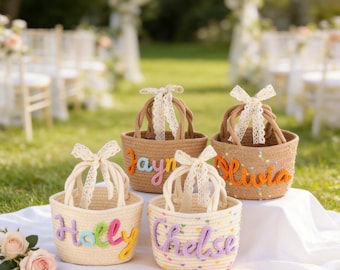 Cesta de flores personalizada con cuerda, cesta de boda de algodón hecha a mano.