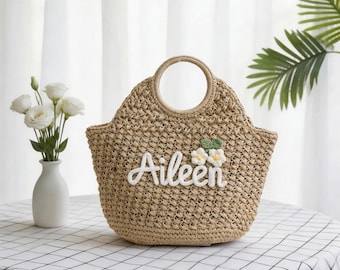 Bolso de mano de rafia personalizado, bolso de playa tejido, bolso de verano, bolso con nombre personalizado