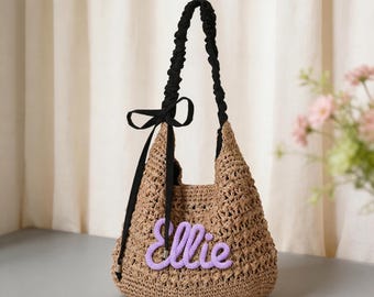 Bolso de hombro personalizado de paja y rafia, monograma con letras de hilo tejido, bolso de playa de verano.