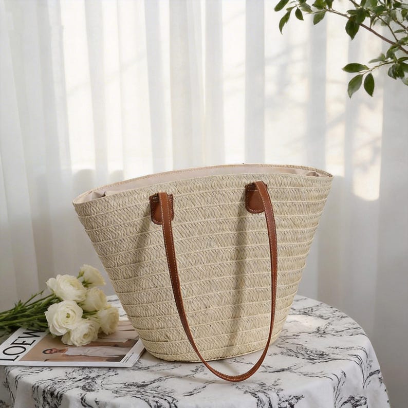 Handwoven Raffia Straw Tote Bag With Leather Handles | Boho Beach ...