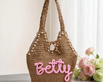 Bolso de hombro personalizado de paja y rafia con perlas, bolso playero estilo bohemio