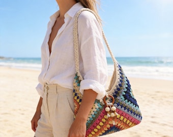 Bolso de hombro bohemio de algodón hecho a mano / Bolso de playa tejido, bolso artesanal para festivales