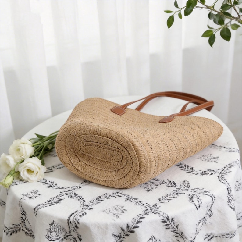 Handwoven Raffia Straw Tote Bag With Leather Handles | Boho Beach ...