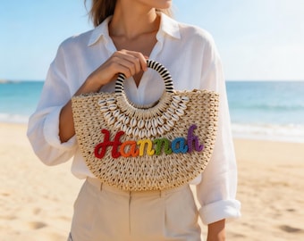 Bolso de playa de paja personalizado, bolso de mano con nombre personalizado, regalo de boda de ratán para verano