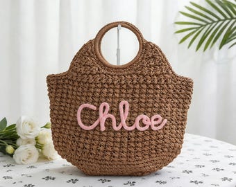 Bolso de playa de rafia tejido a medida, bolso de paja personalizado, bolso de verano