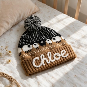 Puede incluir: Un gorro de punto marrón y negro con un patrón repetitivo de ovejas blancas y negras. El gorro tiene un borde acanalado con el nombre Chloe bordado en letra cursiva blanca y está rematado con un pompón negro y blanco.