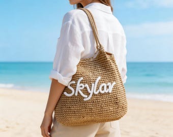 Bolso de playa personalizado de paja y rafia, bolso tejido para mujer, bolso de vacaciones de verano.