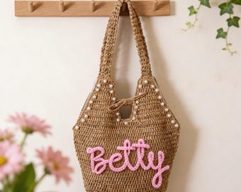 Bolso de playa de rafia personalizado con perlas, bolso de verano con nombre en hilo, bolso tejido para damas de honor