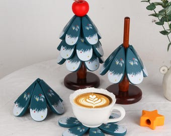 Juego de salvamanteles de madera con forma de árbol de Navidad: posavasos navideños hechos a mano, resistentes al calor