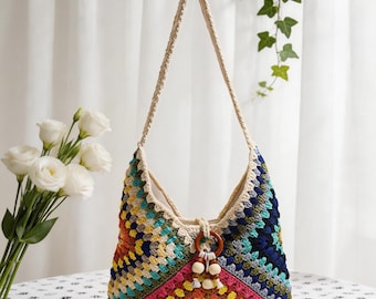 Bolso de hombro bohemio de algodón hecho a mano / Bolso de playa tejido, bolso artesanal para festivales