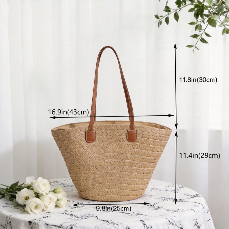 Handwoven Raffia Straw Tote Bag With Leather Handles | Boho Beach ...