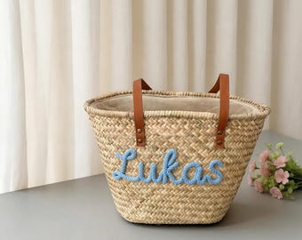 Bolso de playa de paja personalizado, bordado de nombre a mano, cesta de regalo para damas de honor