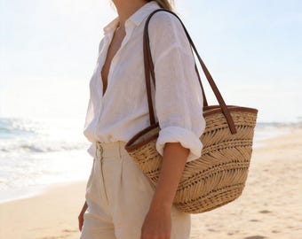 Bolso de hombro de paja tejido a mano, bolso ligero de estilo bohemio para verano, bolso de playa minimalista.