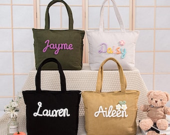 Bolso tote de terciopelo de pana a rayas: bolso de mano de gran capacidad con nombre personalizado